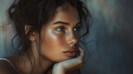 A close-up of a thoughtful young woman with striking blue eyes and sun-kissed skin, resting her chin on her hand against a blurred background. The portrait captures a moment of introspection