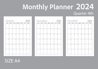 Blank 4th quarter, monthly planner, set of 3 month of year 2024 start at Sunday without holiday.