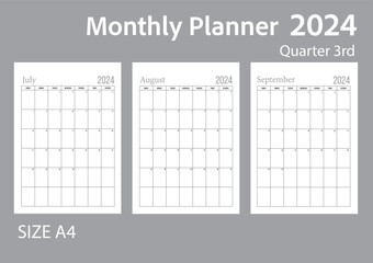 Blank 3rd quarter, monthly planner, set of 3 month of year 2024 start at Sunday without holiday.