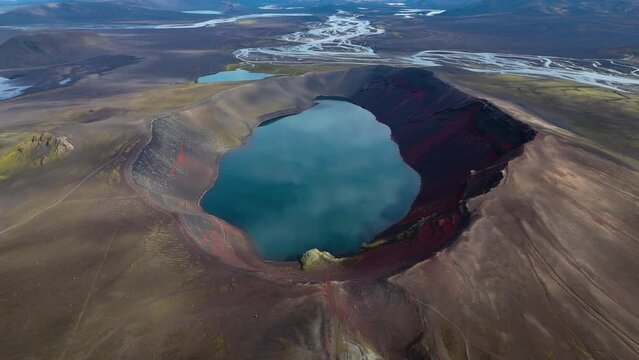 Aerial drone view of Ljotipollur Crater, highlands of Iceland