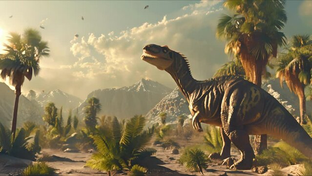 AI-generated dinosaurs in a prehistoric landscape. Perfect for educational materials, scientific publications, and digital art. The concept of time when dinosaurs ruled the Earth.