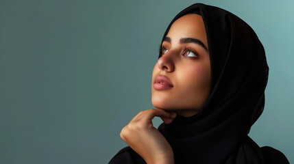 A poised young woman in a black hijab gazes upward with a thoughtful expression, set against a soothing teal background. The image captures a sense of contemplation and the elegance of modest fashion
