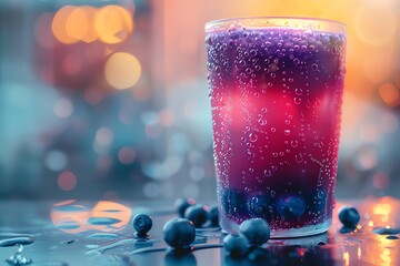 Glass of blueberry juice on table in cafe, closeup
 - obrazy, fototapety, plakaty