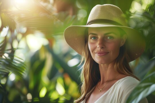 Portrait of young woman wearing hat with brim, in botanical garden, dappled light