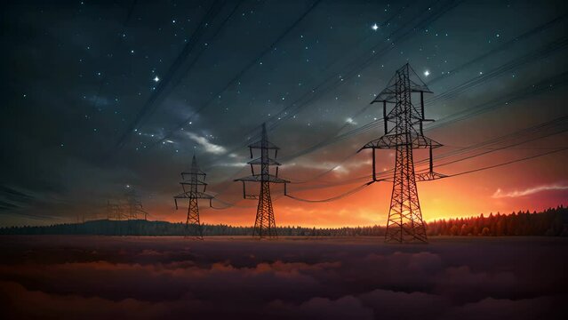 Electricity transmission towers with orange glowing wires the starry night sky. Energy infrastructure concept, energy, electricity, voltage, supply