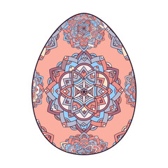 Hand drawn colorful Easter egg with patterns, curls, flowers. Spring Happy Easter egg with floral elements, decorative ornament. Vector cute illustration isolated on white background