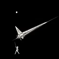 Fotobehang white pointed long space ship and smal woman with and moon in black night background © Xtov