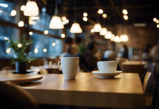 Empty wood table with people meeting in cafe working space restaurant with bokeh light background stock video