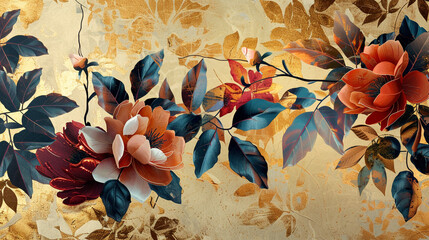 A luxurious abstract floral background adorned with golden roses and lilies, their petals glistening in the light