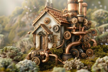 A miniature steampunk house with intricate gears and pipes, set in a fantasy landscape. The contrast between the metallic textures and the soft, natural surroundings creates a visually stunning image.