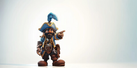 cartoon character pirate in hat points with finger at copy space on a white isolated background