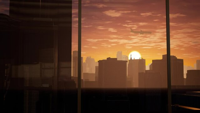 Office View At Sunset And Illuminated Skyscrapers With Airplane Flying Over Outside The Window. Airplane Is Flying Crosses Over The Skyscrapers At Evening. 3D Render