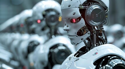 Fototapeta premium A group of white humanoid robots in a row working in a factory close-up