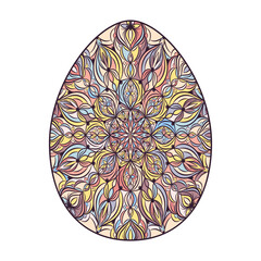 Hand drawn colorful Easter egg with patterns, curls, flowers. Spring Happy Easter egg with floral elements, decorative ornament. Vector cute illustration isolated on white background