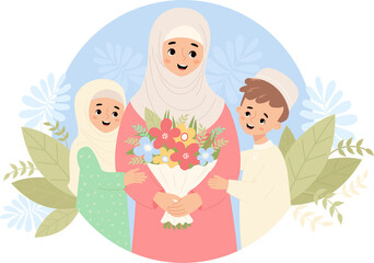 Islamic family. Cute mother with children