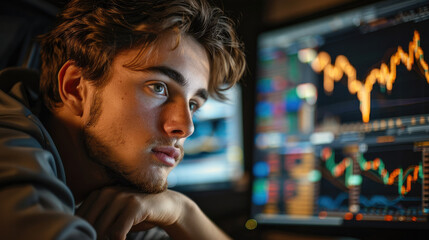 A young man investing in stocks and losing heavily. Generative AI. - obrazy, fototapety, plakaty