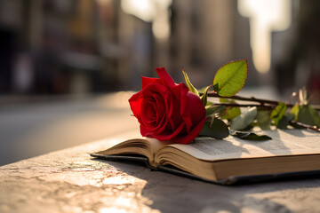 Book and red rose for Sant Jordi - obrazy, fototapety, plakaty