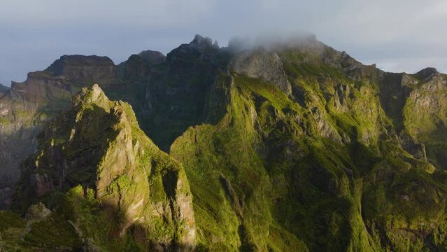 Aerial drone view of PR1 hike, stairway to heaven pathway, near Pico de Areeiro, Madeira Island, Portugal