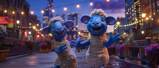 Obraz premium Animated blue sheep in a carefree dance on a vibrant city rooftop at dusk