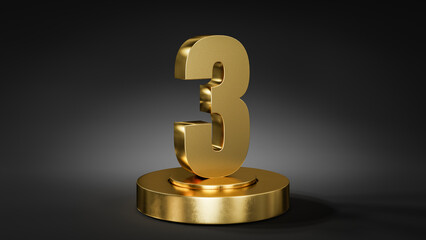The number 3 on a pedestal / podium in golden color in front of dark background with spot light.
