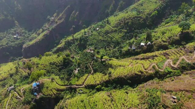 Aerial drone view of Vale do Paul valley with hiking path, Faja de Cima on Santo Antao island, Cape Verde