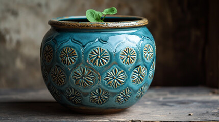 Vibrant teal ceramic planter pot showcasing intricate hand-painted patterns, set against a muted beige background.