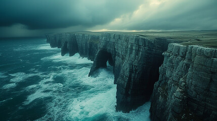 A rugged coastline with dramatic cliffs plunging into the crashing waves below.