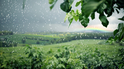 A tranquil view of a rain-kissed green leaf, with delicate water droplets clinging to its surface...
