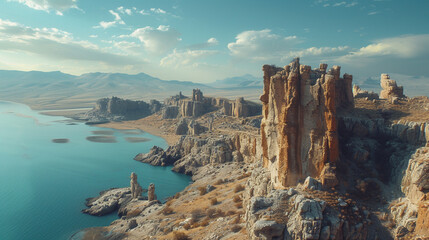 A rugged canyon landscape with towering rock formations carved by centuries of erosion. - obrazy, fototapety, plakaty