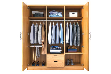 Fototapeta na wymiar Open wooden wardrobe with organized clothing, shoes, and storage boxes isolated on transparent background