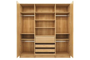 Empty wooden wardrobe with open doors revealing multiple shelves and drawers for storage and organization