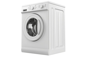 Side view of a closed high-efficiency white washing machine on an isolated background