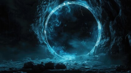 Mystical Blue Portal Glowing in a Dark Enchanted Forest at Night. Portal to another world. Transition to another universe.