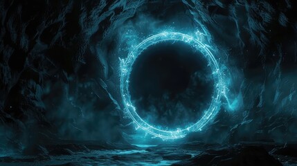 Mystical Blue Portal Glowing in a Dark Enchanted Forest at Night. Portal to another world....