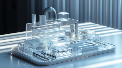 Clear acrylic desk organizer with various compartments, sitting elegantly on a clean white tabletop. - Powered by Adobe