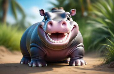 Cheerful little hippo looking at the camera in nature, safari, travel destinations.
