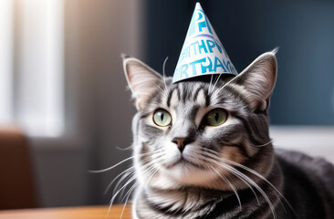 Cat birthday, gray cat sits in a cap at home. Care and love for pets.