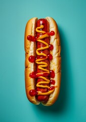 Classic hotdog with ketchup and mustard. Isolated on blue background. top view. Room for copy space