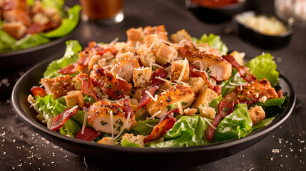 Salad with slices of crispy bacon, chicken pieces and cheese