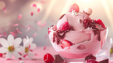 Strawberry pink ice cream with raspberries