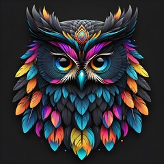 Vivid Tribal Owl Tattoo Logo: Intricate Mandala Patterns & Neon Undertones on Darkest Black Background - Elevating Minimalist Elegance