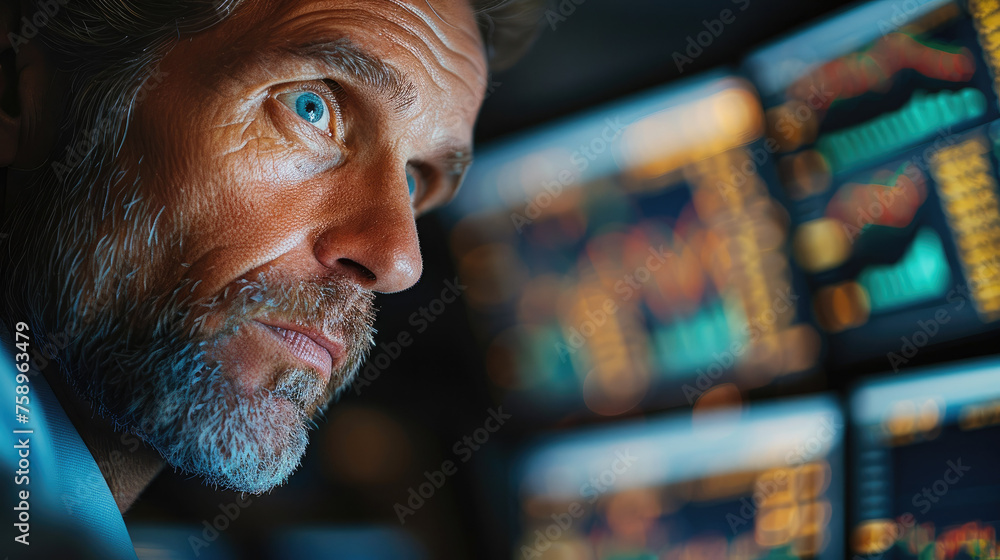 Poster an experienced stock market trader reacts intensely to a key trade. his face reflects a mix of conce