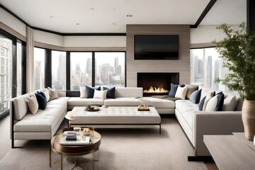 a chic lounge setting with a corner sofa, accent pillows, and a modern fireplace, radiating sophistication and comfort in a living room retreat.