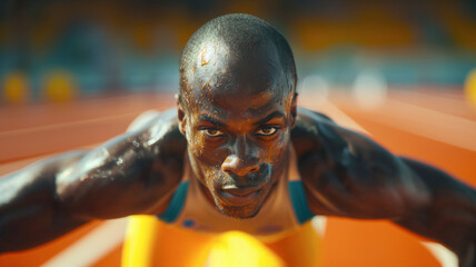 An intense portrait of an Olympic sprinter at the starting block, concentration etched on his face, muscles tensed.