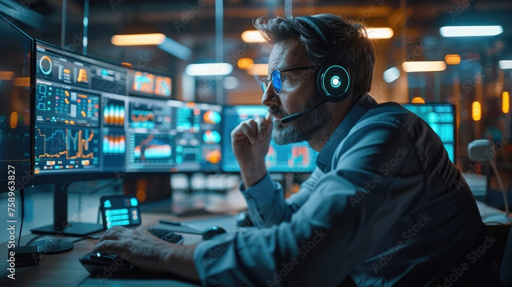 Aufkleber Cybersecurity analyst sitting at a desk in front of a computer. The monitors display data visualizations and dashboards related to digital asset inventories, risk assessments. Generative AI.