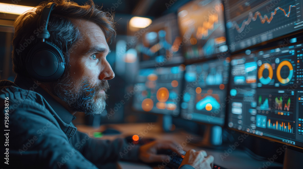 Leinwandbilder Cybersecurity analyst sitting at a desk in front of a computer. The monitors display data visualizations and dashboards related to digital asset inventories, risk assessments. Generative AI.