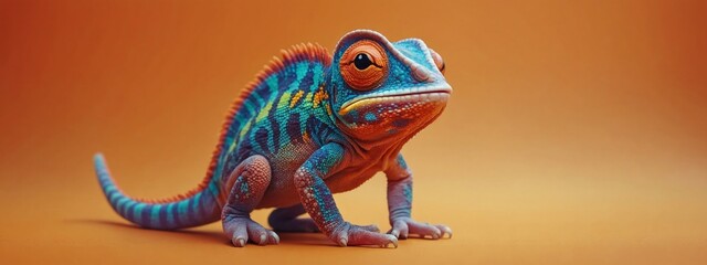 Colorful colored chameleon, lizard close up with big eye, on a solid color background, Banner with Space for Copy, panorama background
