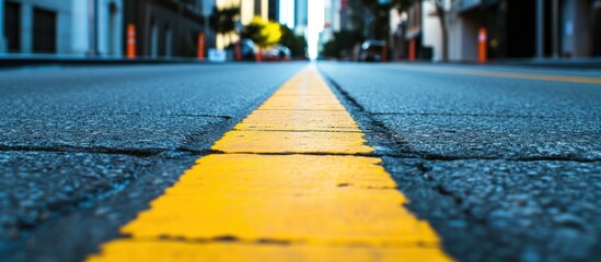 close-up view of yellow asphalt marking lines - obrazy, fototapety, plakaty