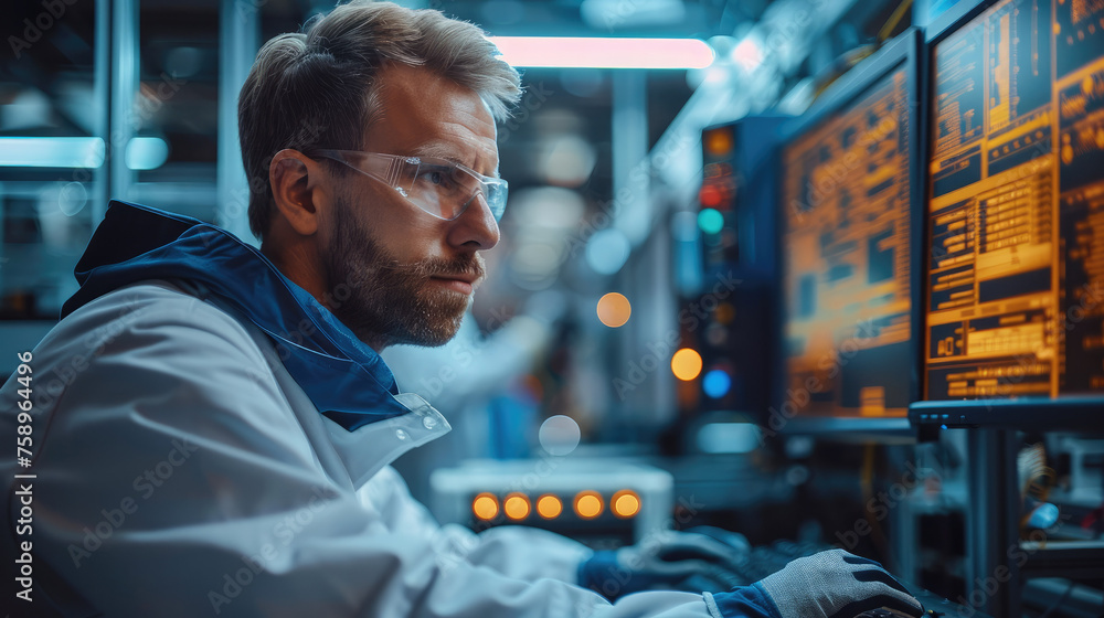 Poster computer technician works on a pc. generative ai.