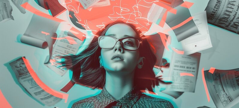 Information overload concept. A woman with glasses surrounded by a whirlwind of paperwork and digital elements in red and cyan hues, depicting the chaos of data and modern life.